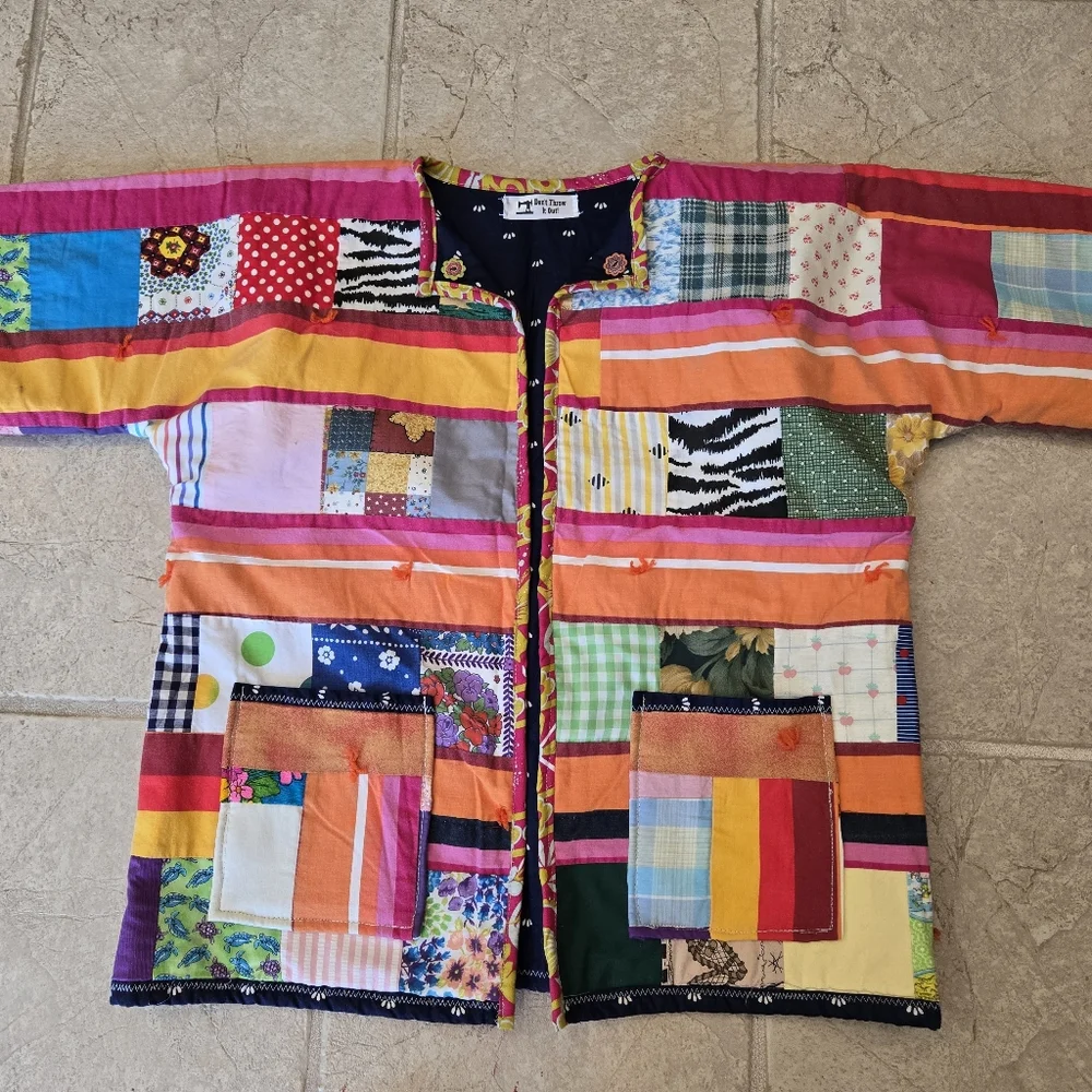 Upcycled Vtg Quilt Blanket Flirty Jacket S-M Open Front Dont Throw It Out - Picture 4 of 7